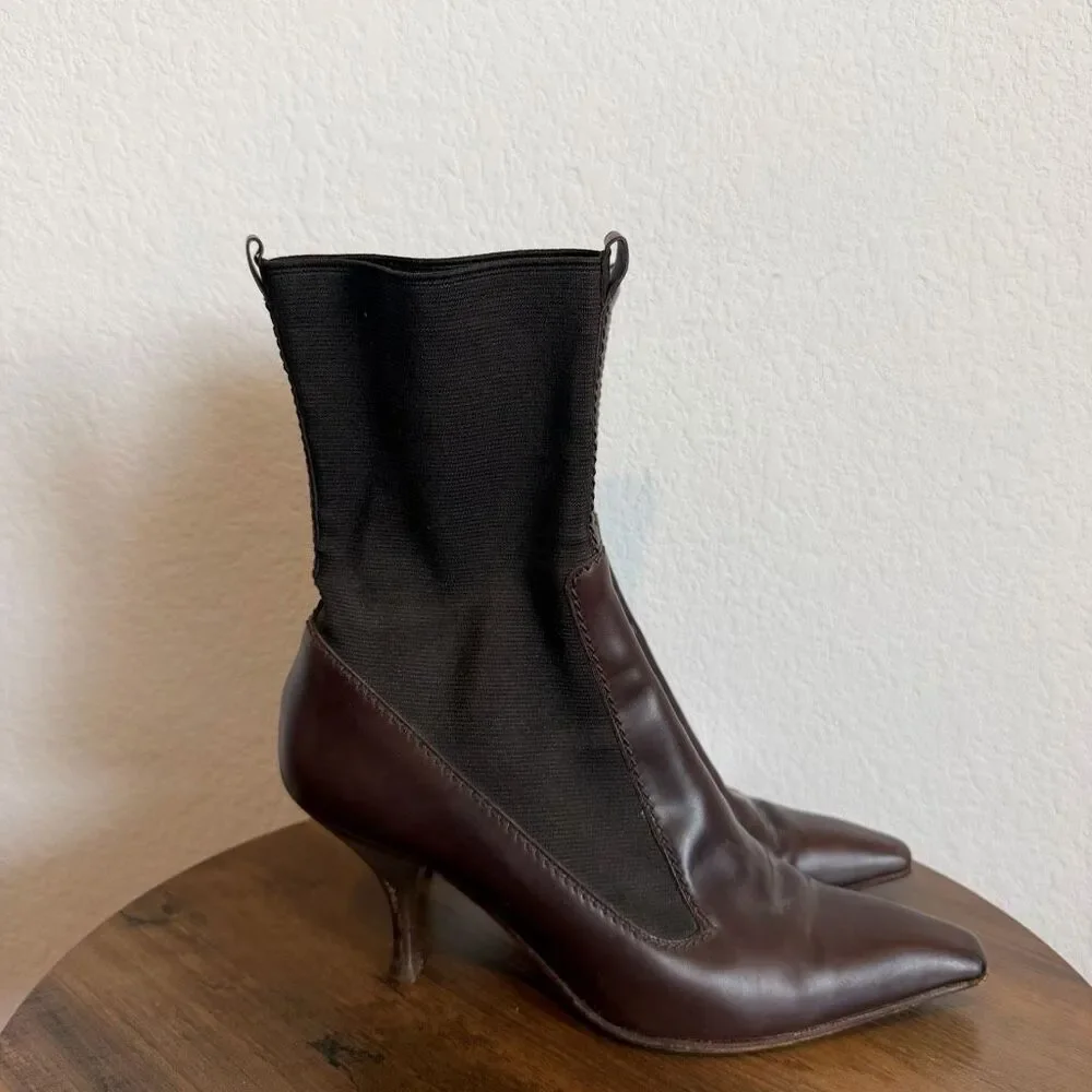Yves Saint Laurent Brown Leather Pull-On Heeled Sock Bootie Women's Size 39 US 9